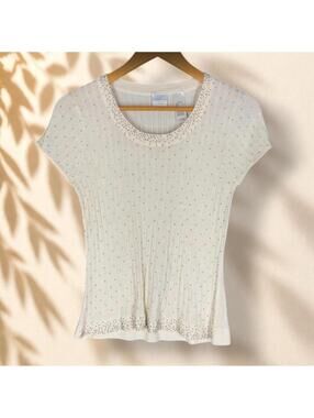 Emma James Set Of Two Tops Women PL Petite Beige Rhinestone Silk Stretch Casual